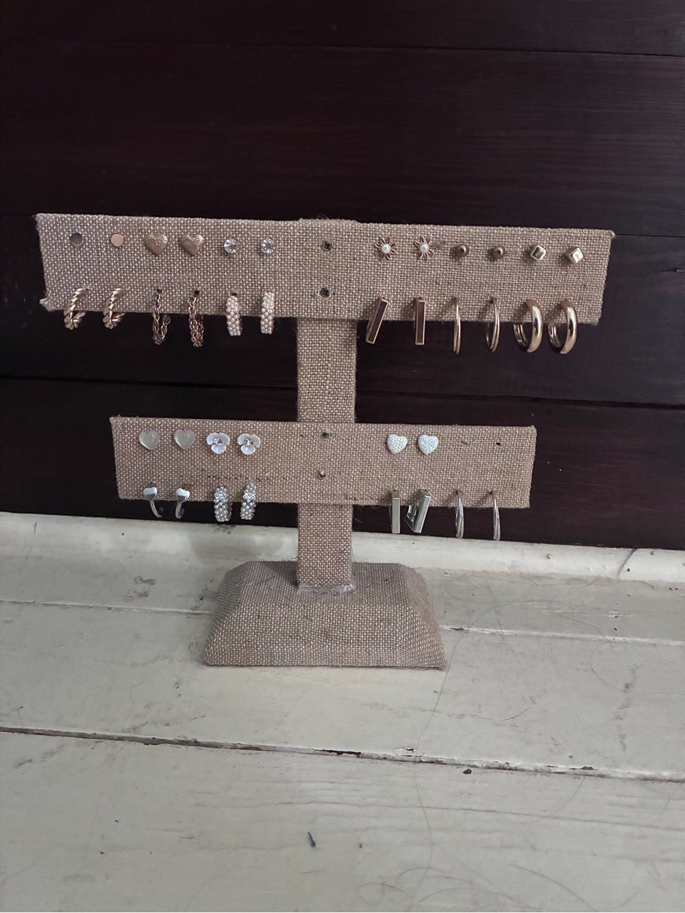 Origami Owl Tan Burlap Jewelry Display Shelf Earrings Ring Holder Stud Storage